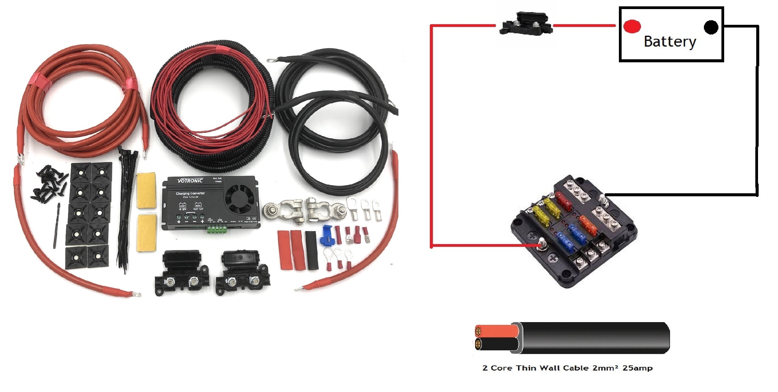 Campervan Wiring Kit with Votronic VCC121230 Battery to battery Charger + Fuse Box